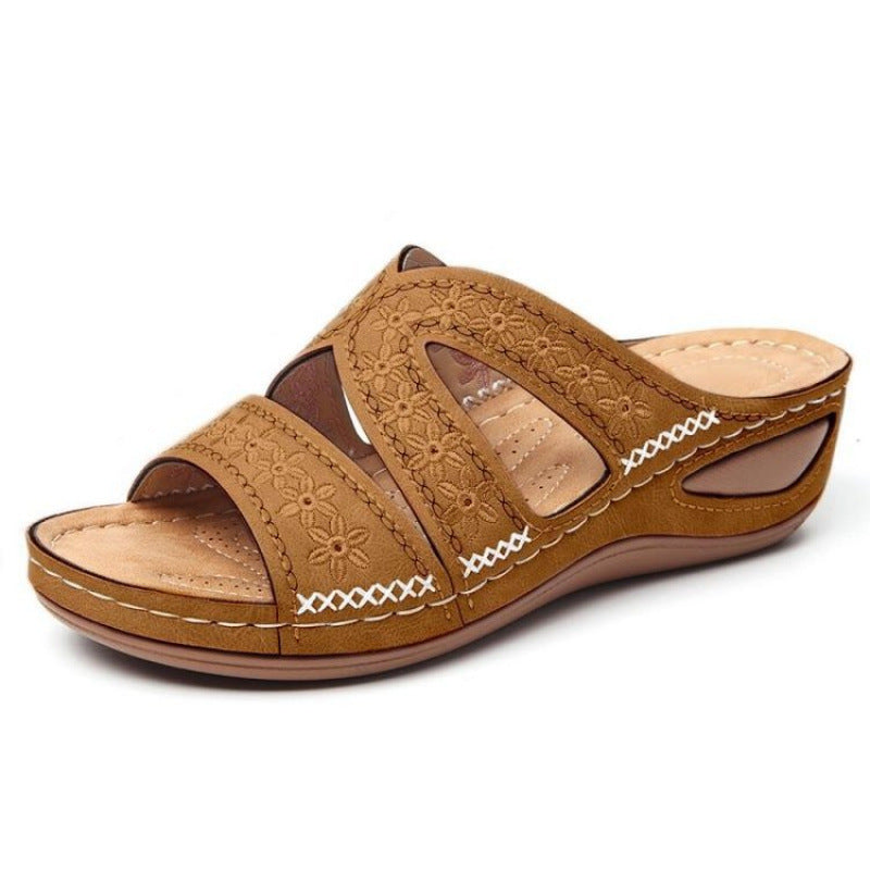 Cross-Border Independent Station 2020 Sandals for Women, Wedge Heels, Fish Mouth Thick Soles, Export Large Size Shoes, Multi-Color Embroidered Sandals for Women