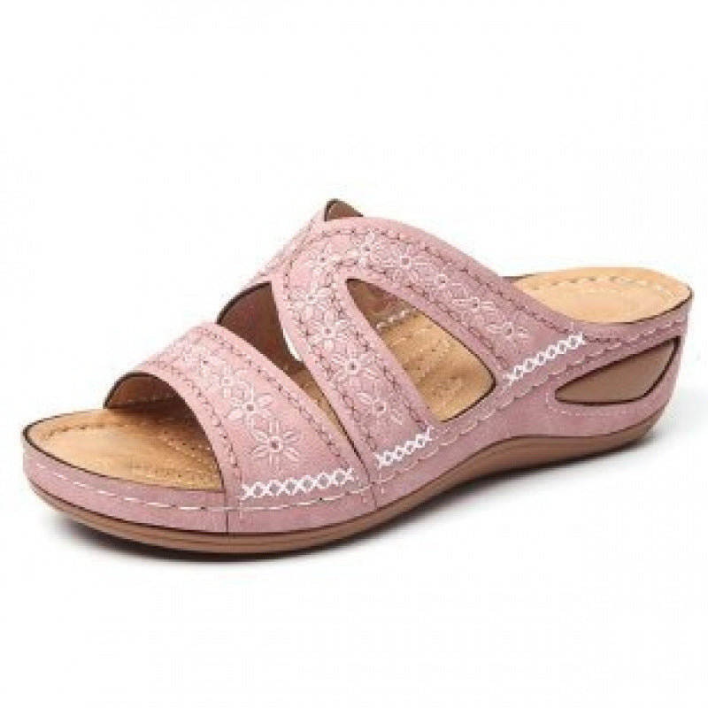 Cross-Border Independent Station 2020 Sandals for Women, Wedge Heels, Fish Mouth Thick Soles, Export Large Size Shoes, Multi-Color Embroidered Sandals for Women