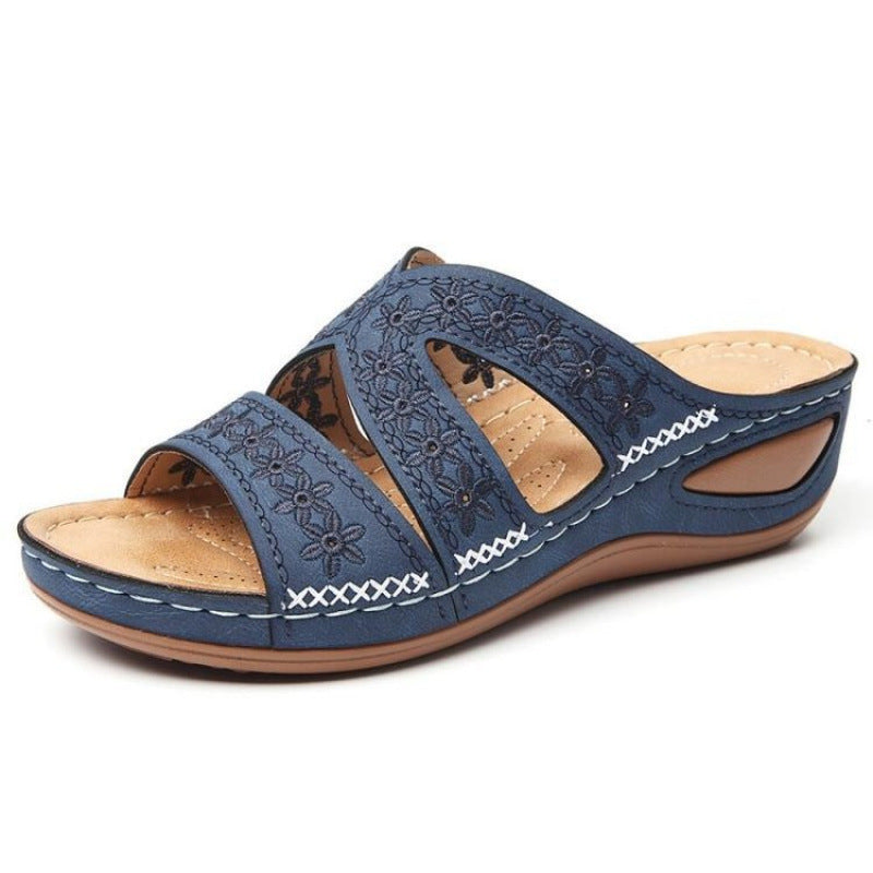 Cross-Border Independent Station 2020 Sandals for Women, Wedge Heels, Fish Mouth Thick Soles, Export Large Size Shoes, Multi-Color Embroidered Sandals for Women