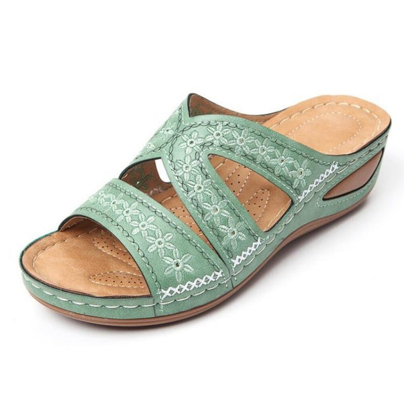 Cross-Border Independent Station 2020 Sandals for Women, Wedge Heels, Fish Mouth Thick Soles, Export Large Size Shoes, Multi-Color Embroidered Sandals for Women
