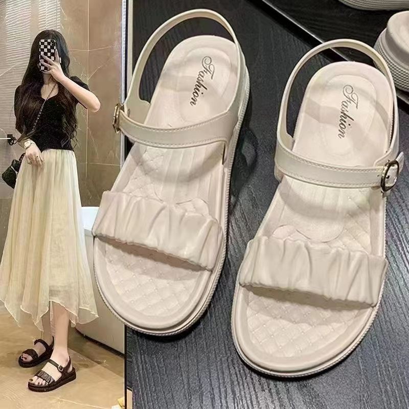 New Sandals for Women's Summer Outer Wear, Fashionable and Versatile Thick-Soled Non-Slip Casual Flat Beach Shoes Roman Sandals for Women